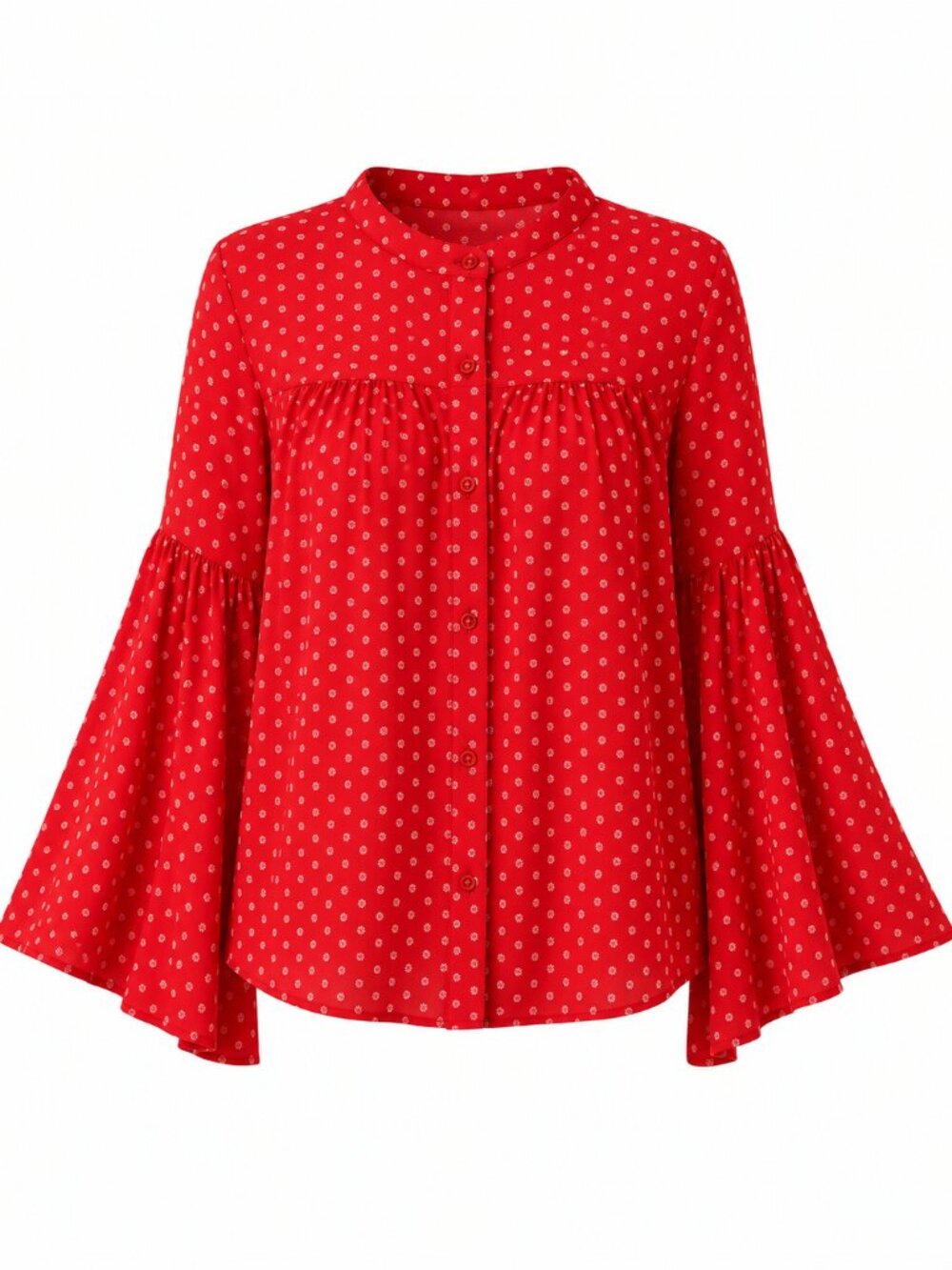 Lovefire Red Boho Daisy Polka Dot Bell Sleeve Button Front Blouse Sz L